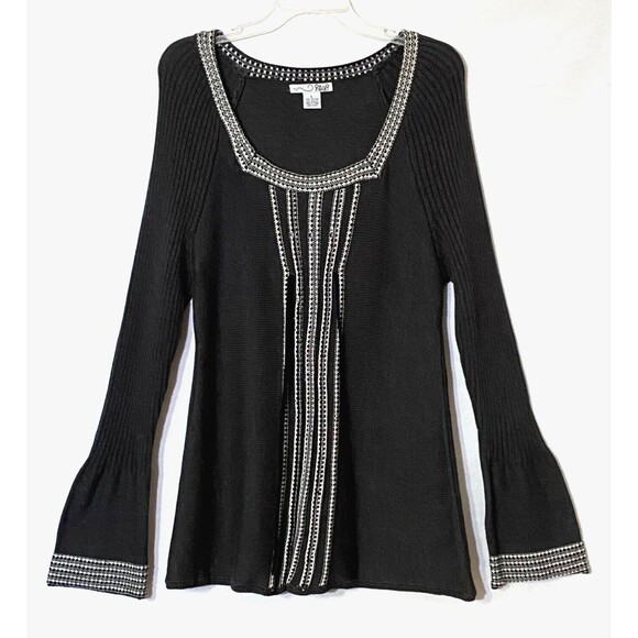 RBX Tie Front Sweater Womens Size L Dark Gray White Fluted Ribbed Knit Sleeves - Picture 4 of 16